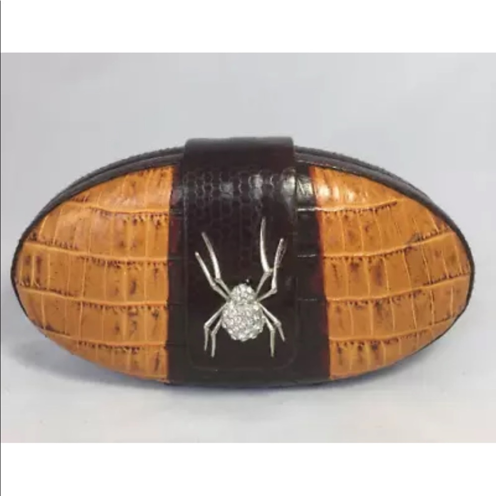 Handmade Dark Brown Marigold Yellow Leather Oval Minaudière Clutch Spider Accent